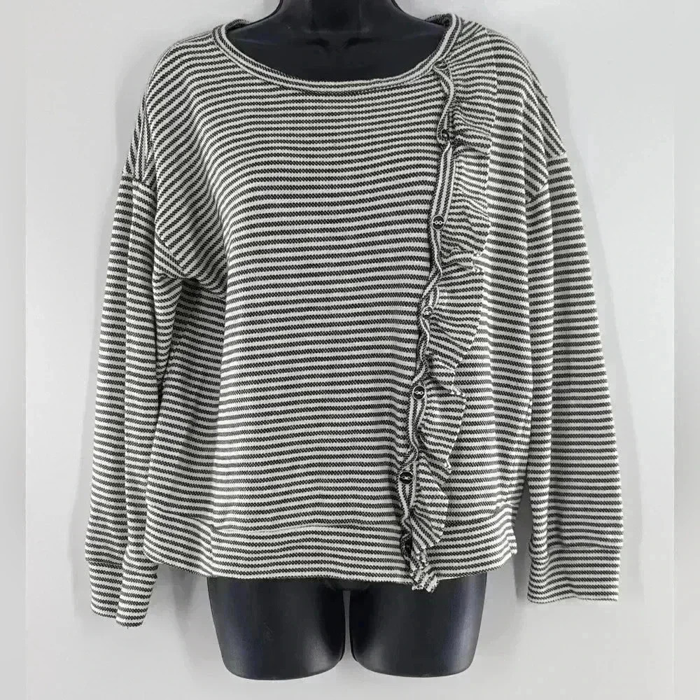Ces Femme Women's Black And White Striped Ruffle Line Size Small Long Sleeve Top